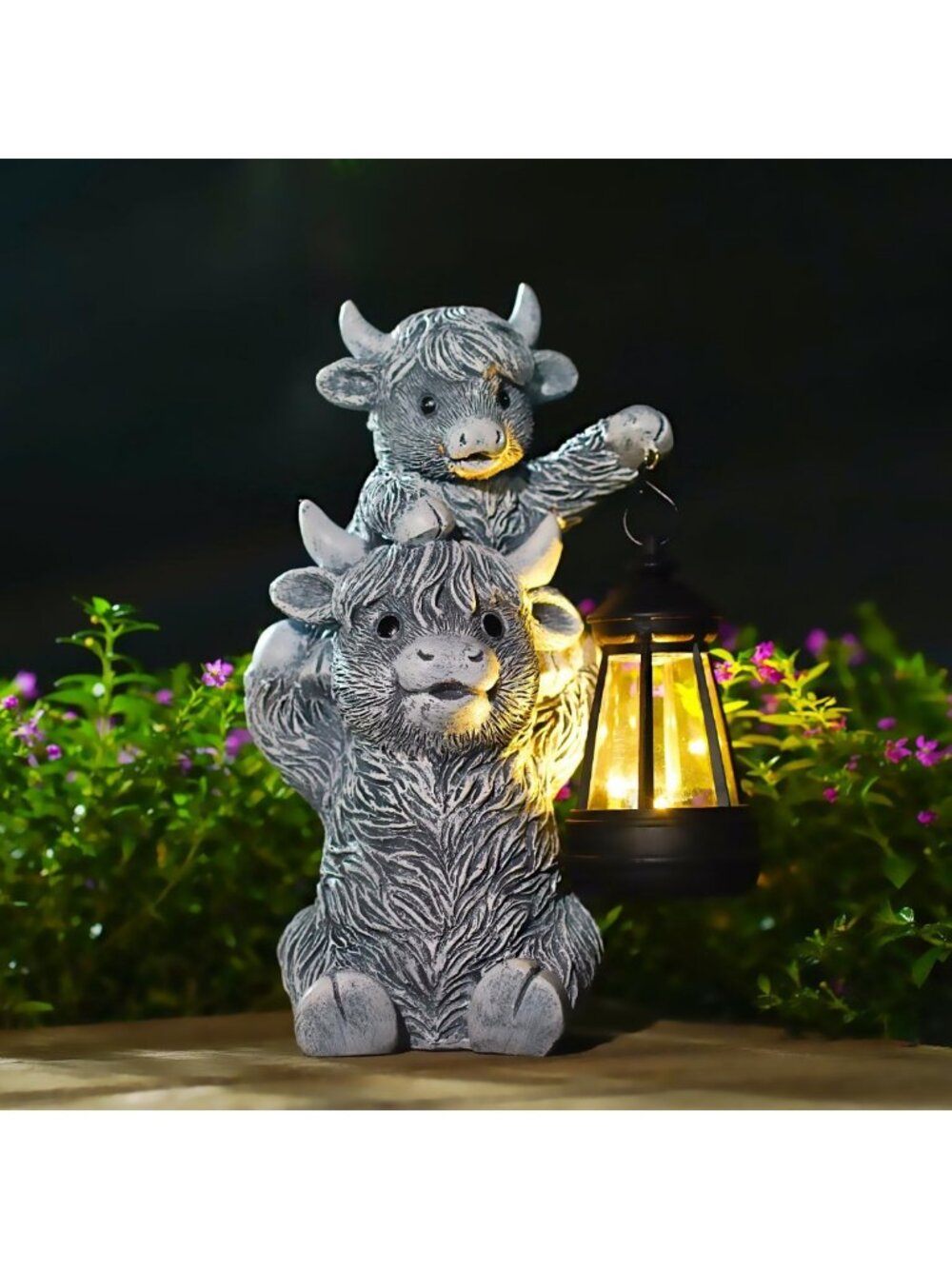 Charming Highland Cow Garden Statue with Solar Lantern - Outdoor Decor Accent